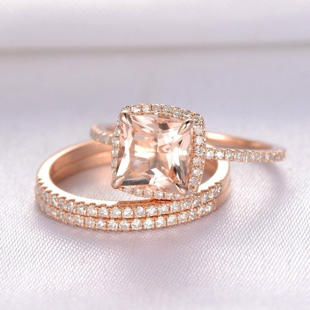 *NEW 18K Rose Gold Cushion Morganite 3PC Ring Set - Picture 4 of 4